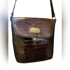 Vtg Brighton L Black Brown Croc Embossed Leather Bucket Bag Purse